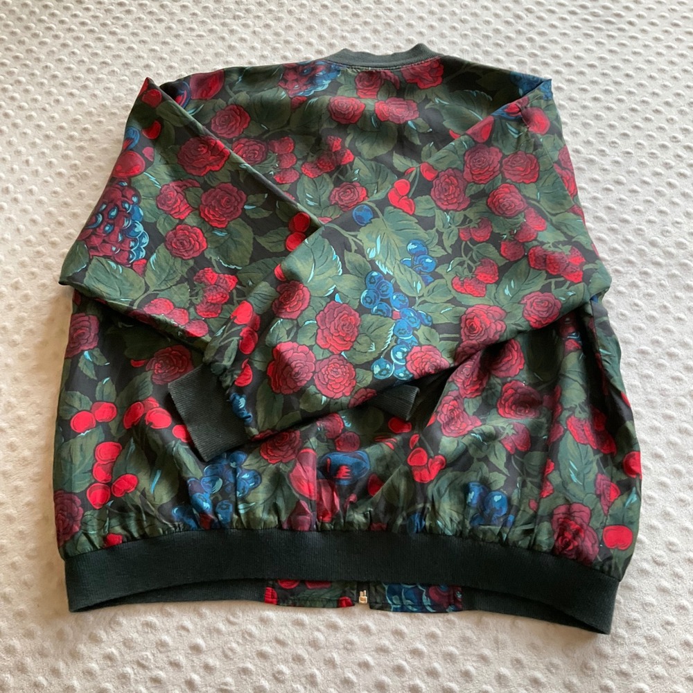 Vintage Silk Bomber Jacket‎ Womens OSFM Green Floral Rose Cherry Fruit Print - Picture 7 of 11